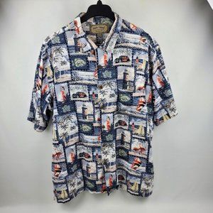 Palm Island Short Sleeve Button Shirt Mens XL Blue Red Flamingo Fish Boat Design